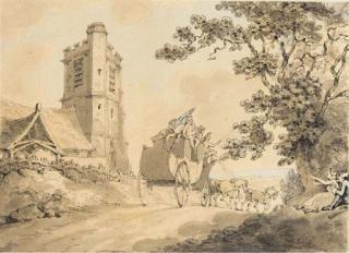 Samuel Howitt - Figures seated on a bank waving to the passing stage coach