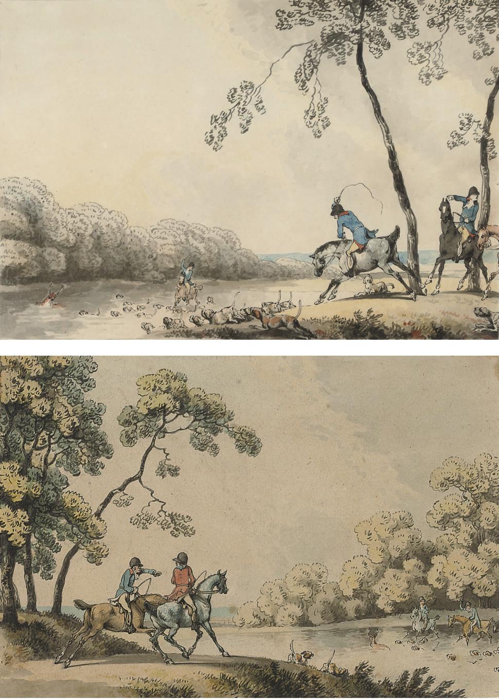 Samuel Howitt - The Royal Buckhounds crossing the Thames near Windsor; and Pointing out the quarry