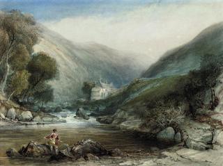 Samuel Jackson, A.O.W.S. - An angler on the Lyn at Lynmouth, Devon