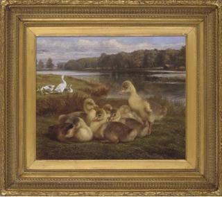 Samuel John Carter - Ducklings on a river bank