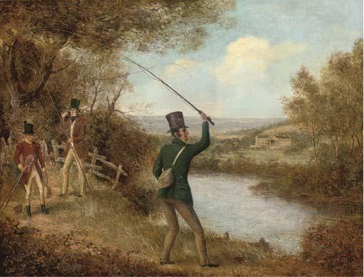 Samuel John Egbert Jones - A Fly-Fisherman Casting A Fly, A House Beyond, Thought To Be Chatsworth