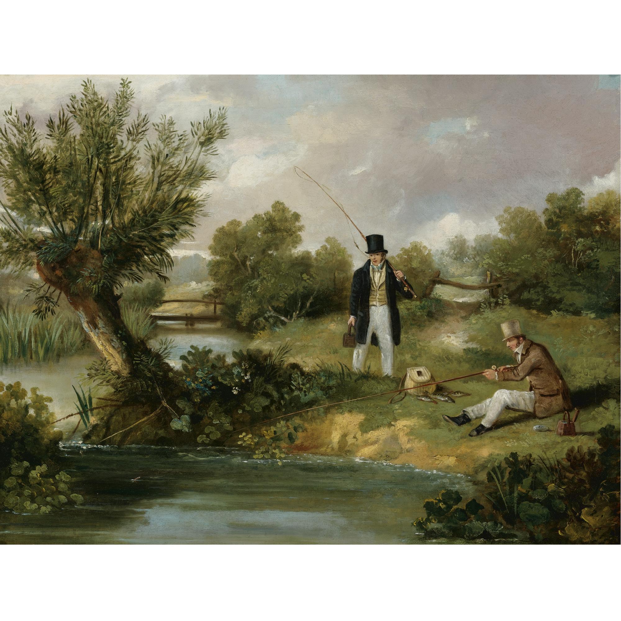 Samuel John Egbert Jones - British Two Gentlemen Fishing By A Stream