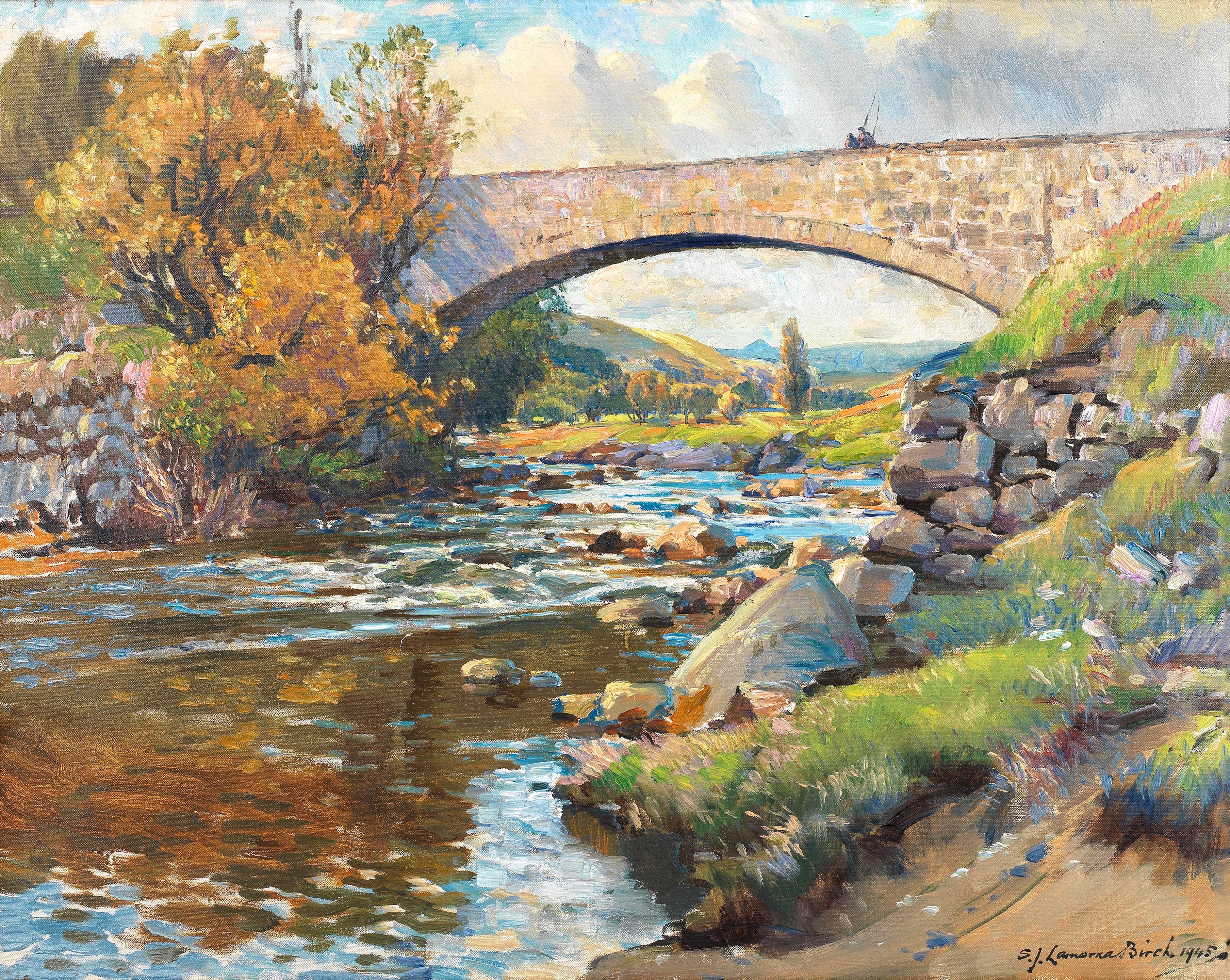 Samuel John Lamorna Birch, RA, RWS, RWA - A view up river with fishermen on a stone bridge