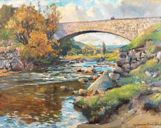 Samuel John Lamorna Birch, RA, RWS, RWA - A view up river with fishermen on a stone bridge