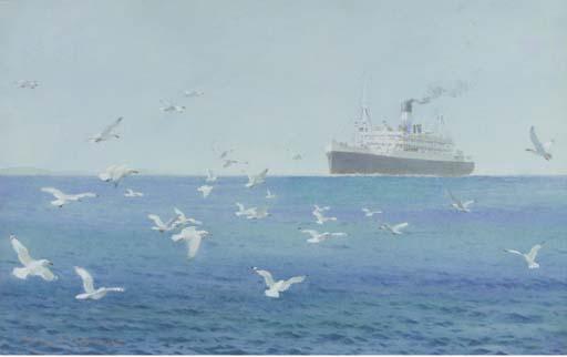 Samuel John Milton Brown - A Lamport and Holt passenger vessel in the Channel with seagulls hovering in the foreground