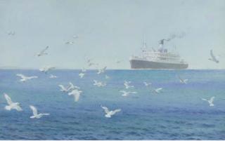 Samuel John Milton Brown - A Lamport and Holt passenger vessel in the Channel with seagulls hovering in the foreground