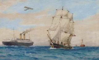 Samuel John Milton Brown - A White Star liner, thought to be the Homeric, passing a trading brig off the Bar Lightship in the Bay of Liverpool