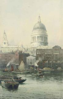 Samuel John Milton Browne - A busy day on the Thames before St. Paul\'s Cathedral, London