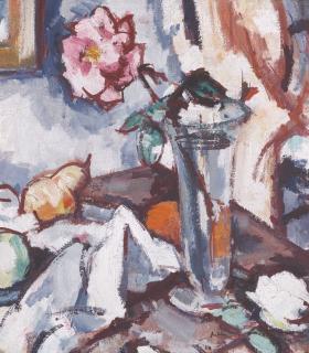 Samuel John Peploe, R.S.A. - Pink Rose In Glass Vase With Fruit