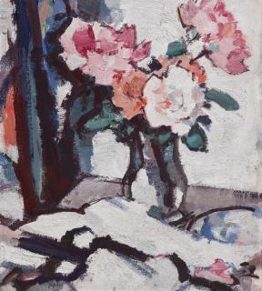 Samuel John Peploe, R.S.A. - Pink Roses In A Glass Vase