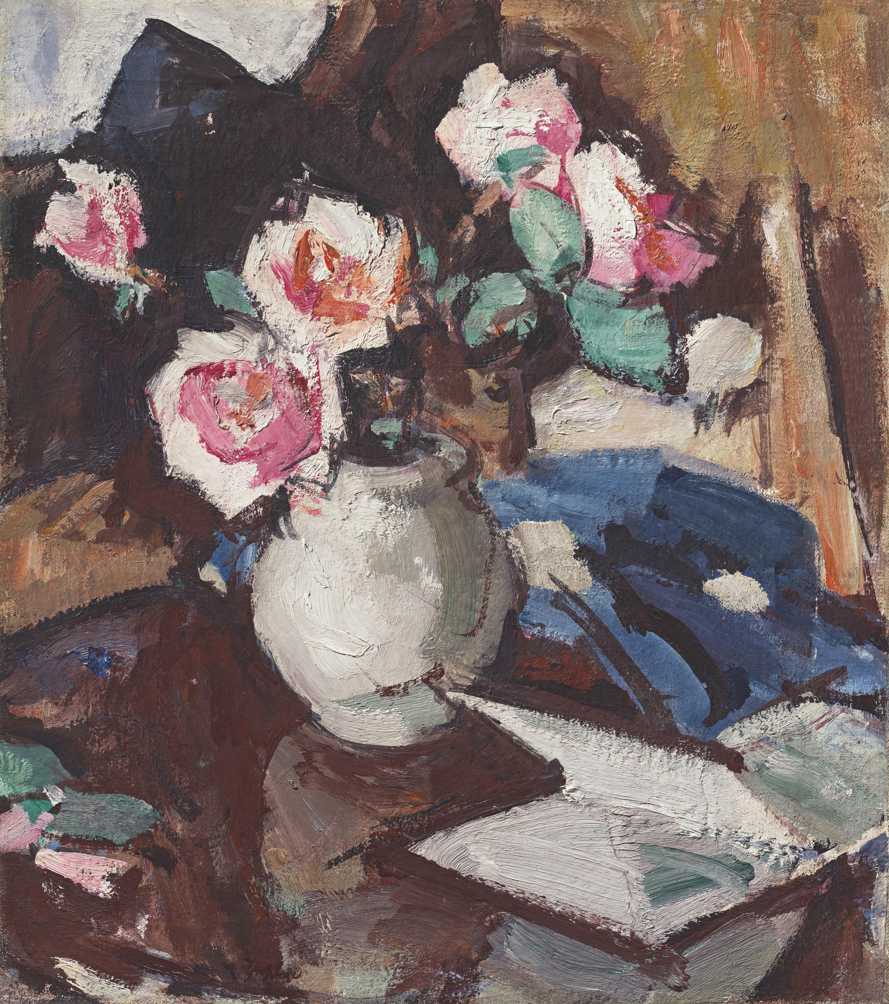 Samuel John Peploe, R.S.A. - Pink Roses in a Vase (recto); Still Life with Wine Glass and Fruit (verso)