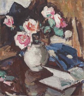 Samuel John Peploe, R.S.A. - Pink Roses in a Vase (recto); Still Life with Wine Glass and Fruit (verso)