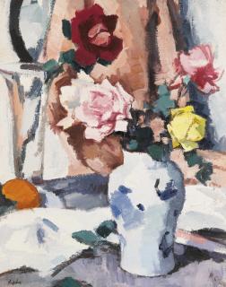 Samuel John Peploe, R.S.A. - Red, Pink And Yellow Roses In A Blue Vase 