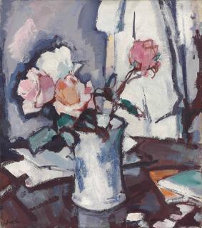 Samuel John Peploe, R.S.A. - Roses in a blue and white jar