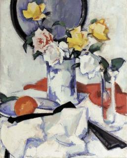 Samuel John Peploe, R.S.A. - Roses in a blue and white vase