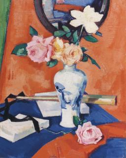 Samuel John Peploe, R.S.A. - Roses in a vase against an orange background