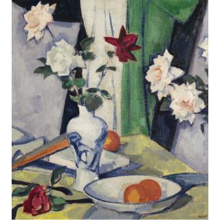 Samuel John Peploe, R.S.A. - Still Life Of Roses In A Blue And White Vase