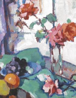 Samuel John Peploe, R.S.A. - Still Life Of Roses With A Green Tablecloth