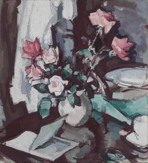 Samuel John Peploe, R.S.A. - Still-life with pink roses and an open book