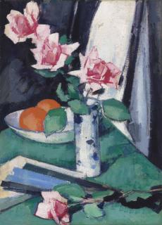Samuel John Peploe, R.S.A. - Still life with Pink Roses and Oranges in a blue and white vase