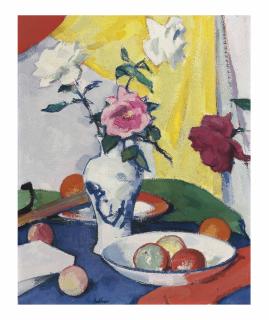 Samuel John Peploe, R.S.A. - Still Life with Roses, yellow background