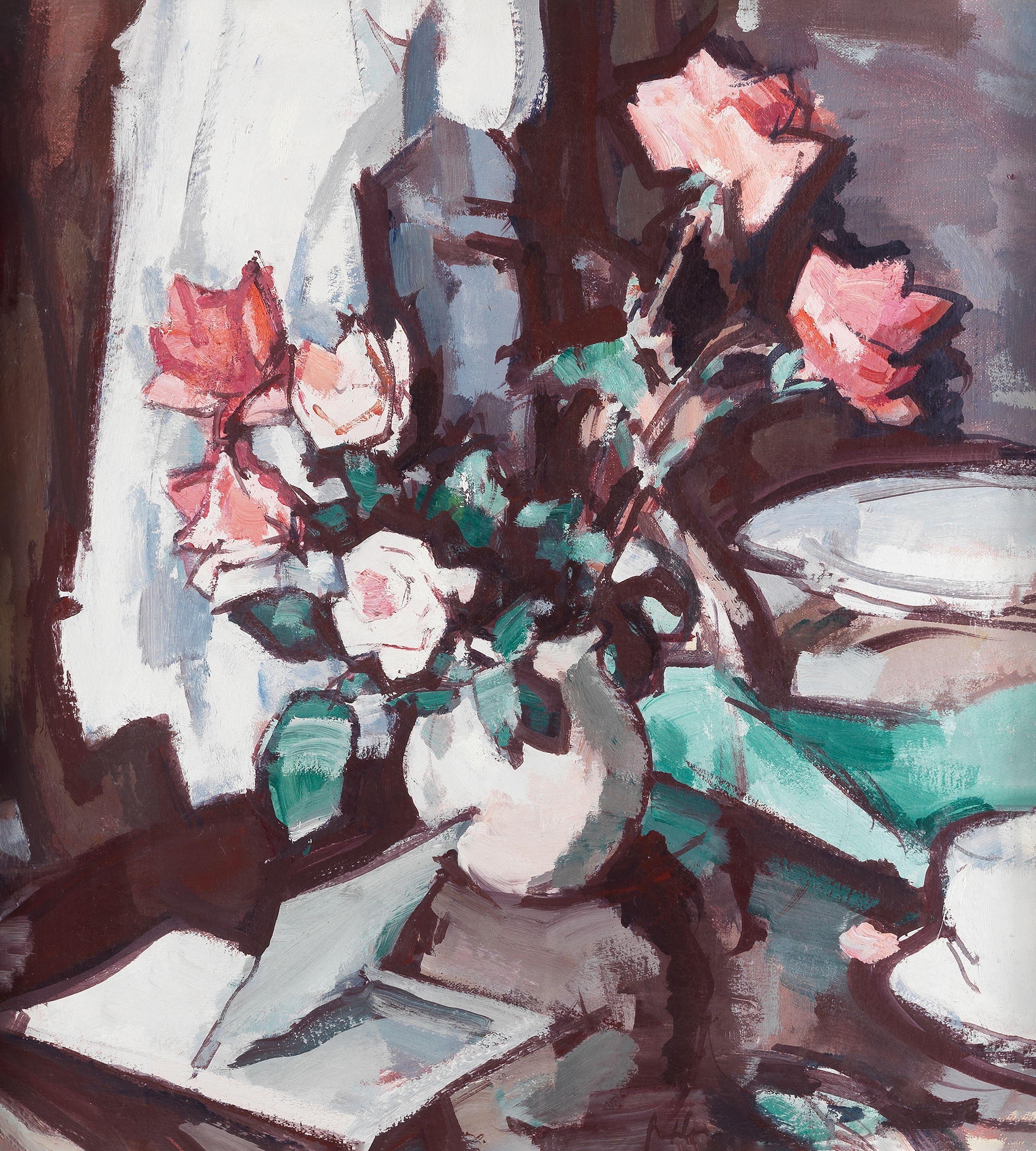 Samuel John Peploe RSA - Still life with roses and an open book