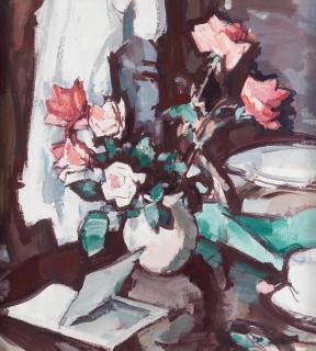 Samuel John Peploe RSA - Still life with roses and an open book