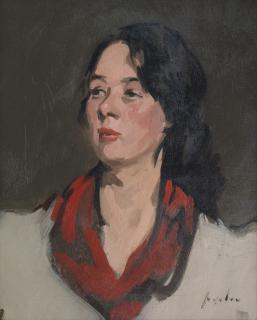 Samuel John Peploe RSA - The red scarf, portrait of Jeannie Blyth 41.5 x 34 cm. (16 5/16 x 13 3/8 in.) Painted in c.1902