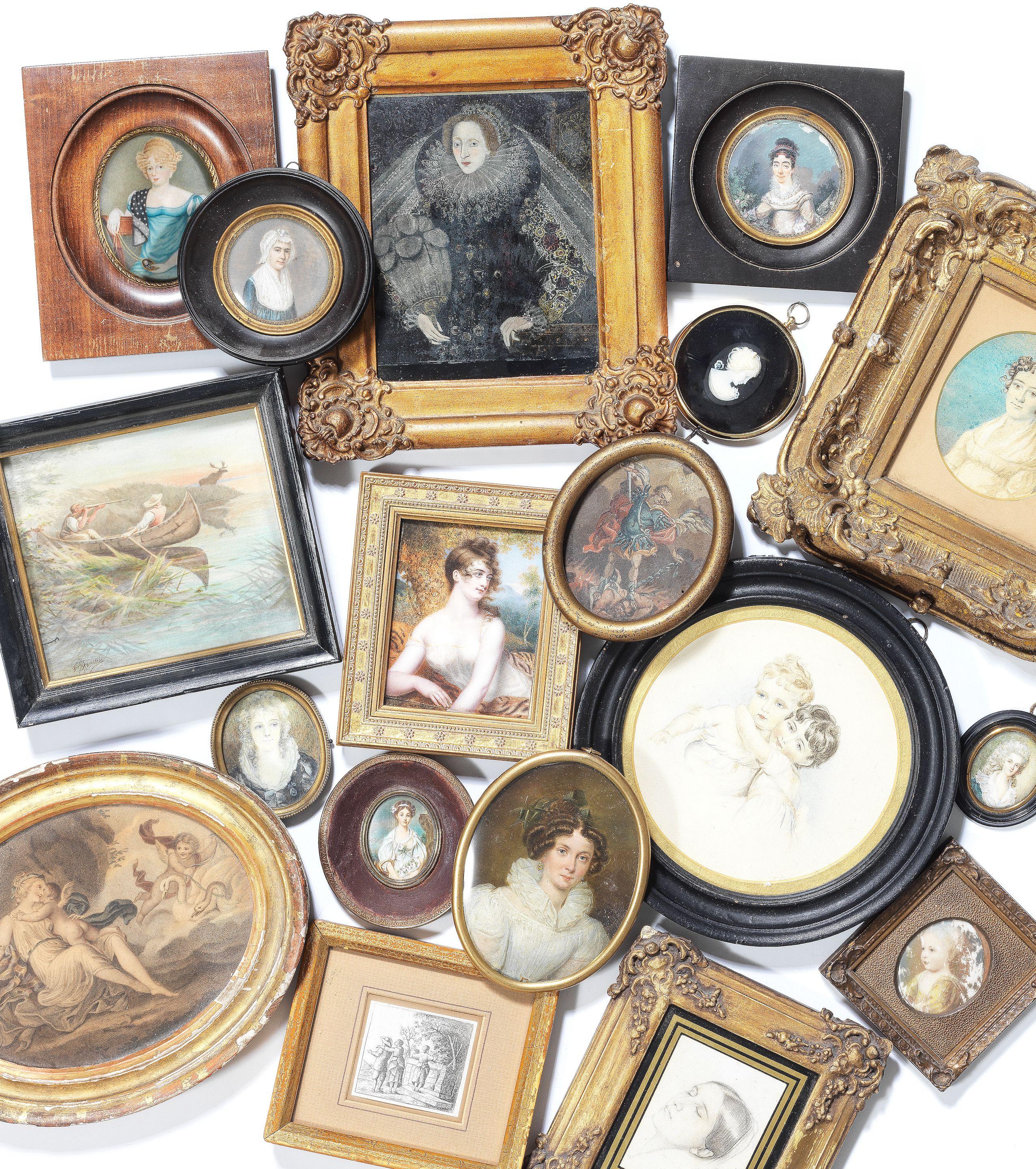 Samuel John Stump RA - A portrait miniature of a lady in a wooded landscape, wrapped in a tiger skin