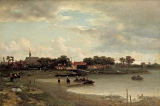 Samuel Leonardus Verveer - A ferry crossing near a Dutch town