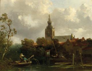 Samuel Leonardus Verveer - A view of Overschie with fishermen in a rowing boat in the foreground