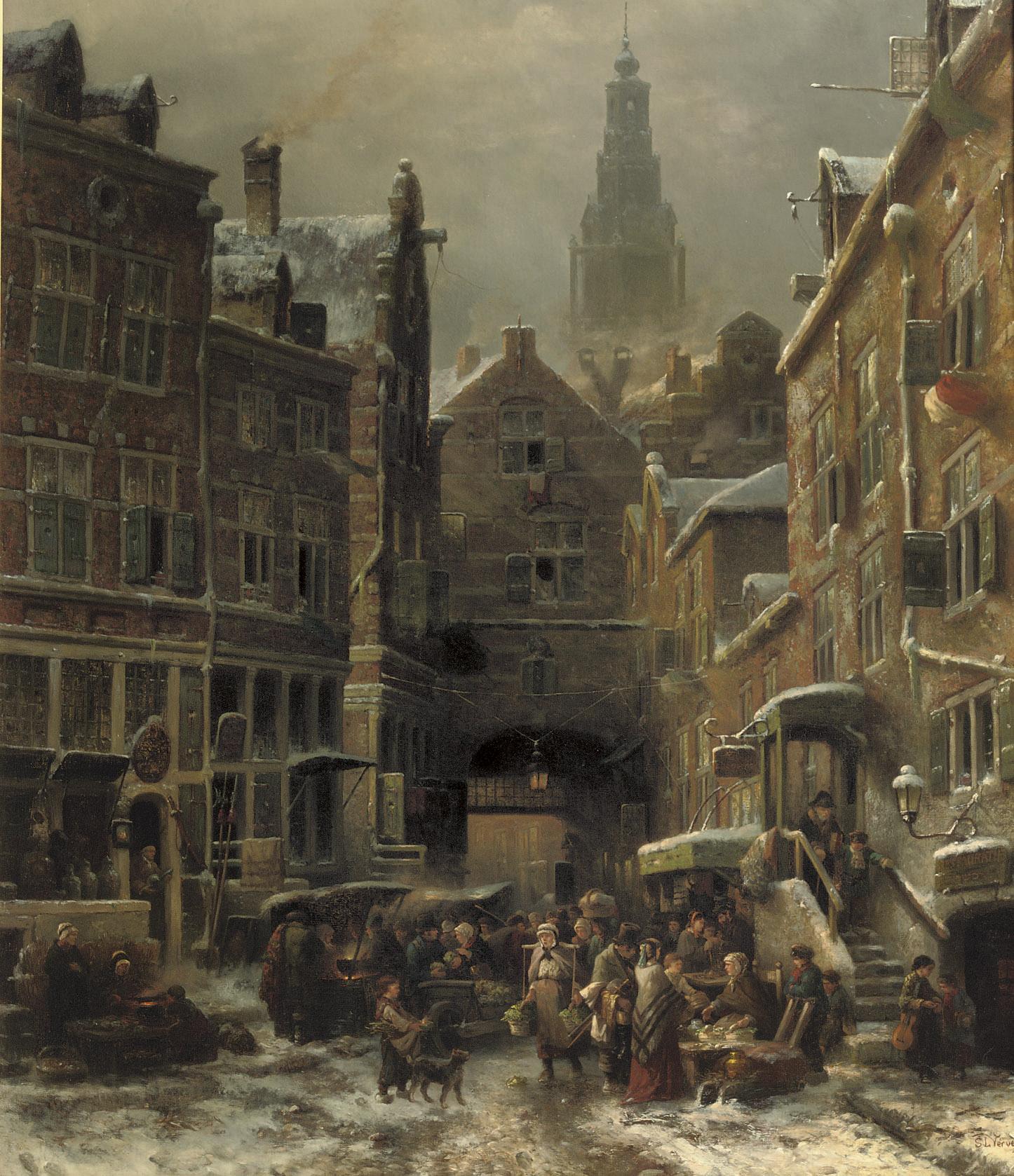 Samuel Leonardus Verveer - De winter in het Jodenkwartier te Amsterdam: the Jewish quarter in winter with the Zuiderkerk beyond, Amsterdam