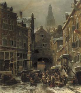 Samuel Leonardus Verveer - De winter in het Jodenkwartier te Amsterdam: the Jewish quarter in winter with the Zuiderkerk beyond, Amsterdam