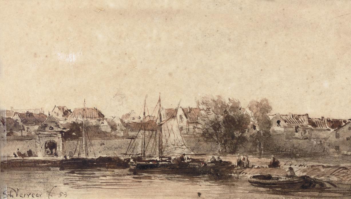 Samuel Leonardus Verveer - Ships near the walls of a Dutch city