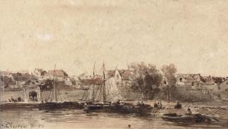 Samuel Leonardus Verveer - Ships near the walls of a Dutch city
