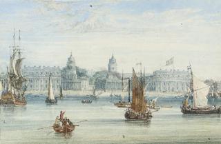 Samuel Owen - A frigate, an excursion steamer and barges on the Thames before Greenwich Hospital