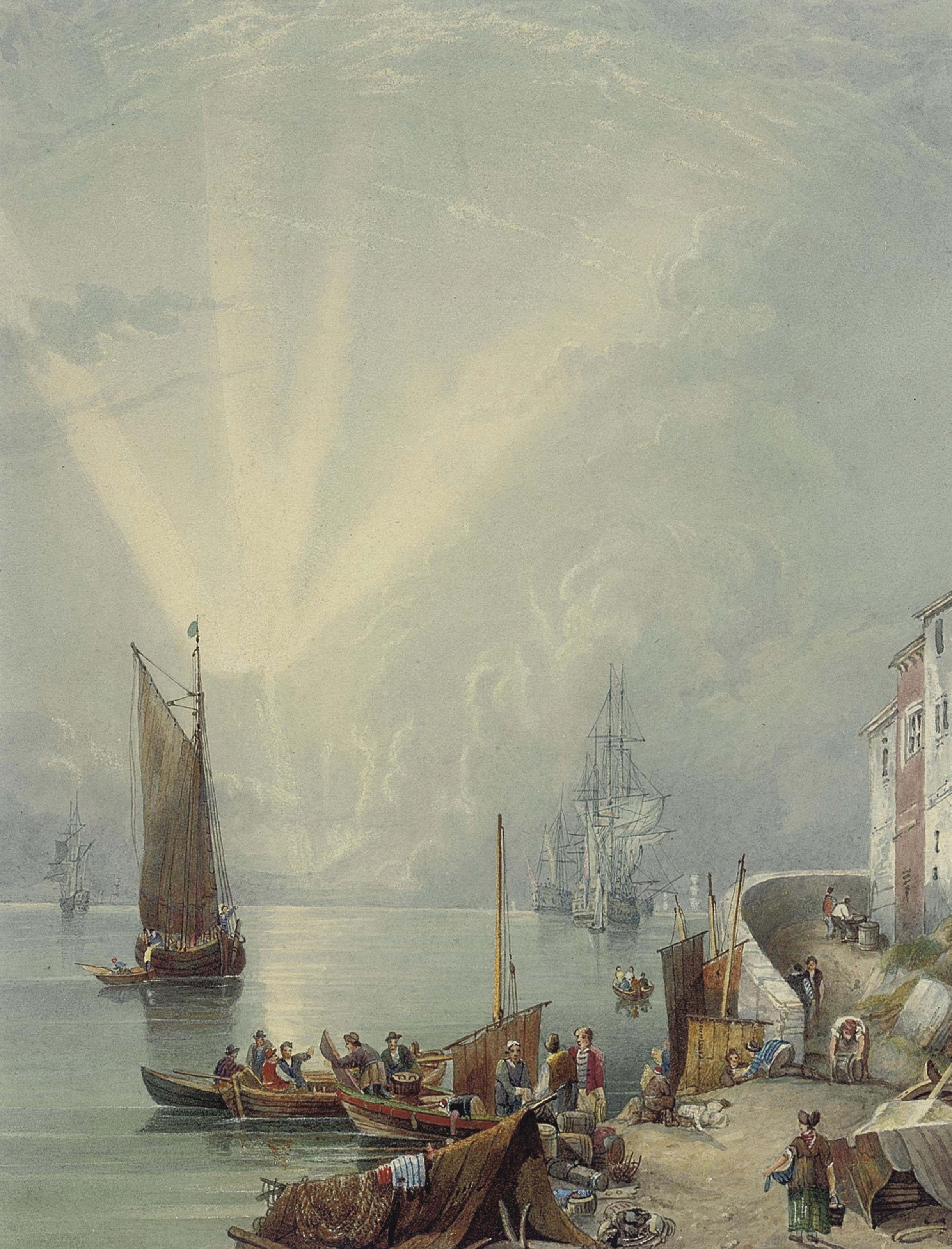 Samuel Owen - Fishermen in a continental harbour at the end of the day with warships lying at anchor beyond