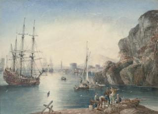 Samuel Owen - Warships anchored off the Italian port of Leghorn, with fishermen unloading their catch in the foreground