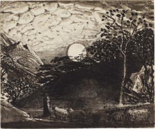 Samuel Palmer, R.W.S - A Shepherd leading his flock under the full moon