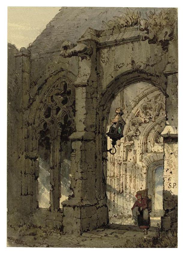 Samuel Prout, O.W.S. - A figure in a ruined cloister with Gothic tracery