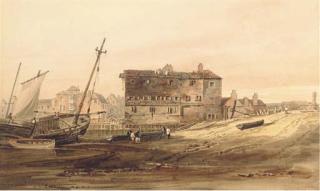 Samuel Prout, O.W.S. - Shipping Vessels Beached By An Old Wharf With A Town Beyond
