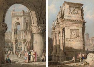 Samuel Prout, O.W.S. - The Arch of St Mark\'S, Venice, With Figures In Oriental Costume In The Foreground; And The Arch of Constantine, Rome