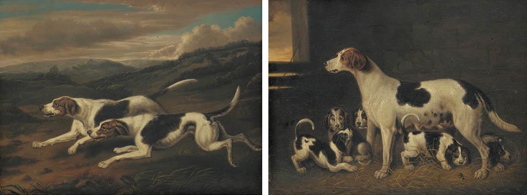 Samuel Raven - Two Hounds In A Landscape; And A Bitch With Her Puppies In A Kennel