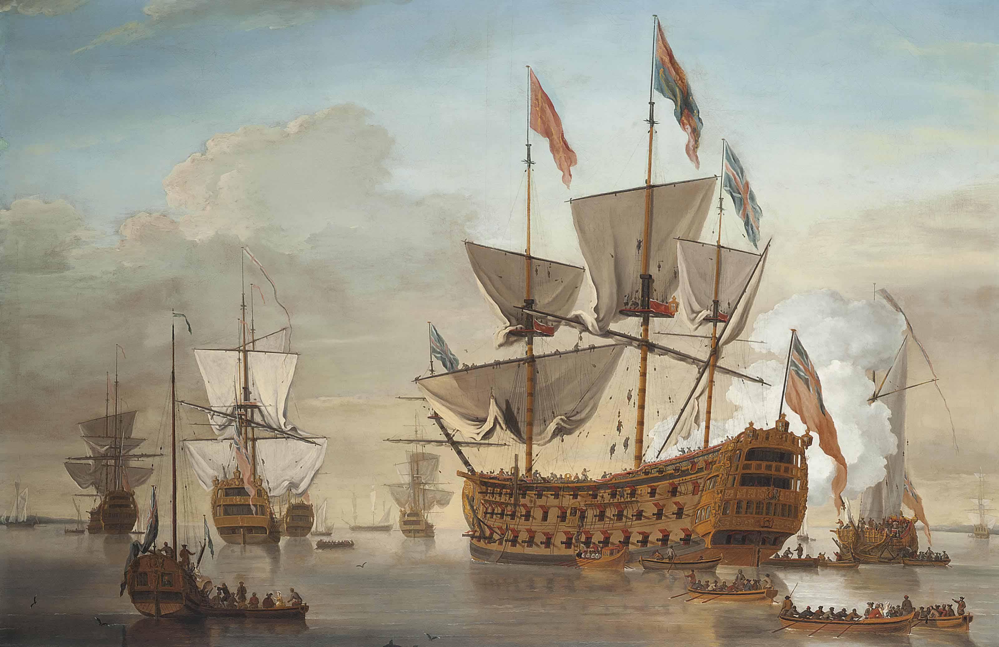 Samuel Scott - A large First Rate, thought to be the Royal William (formerly the Prince), lying at her anchorage, surrounded by other vessels and preparing to receive a distinguished - possibly Royal - visitor