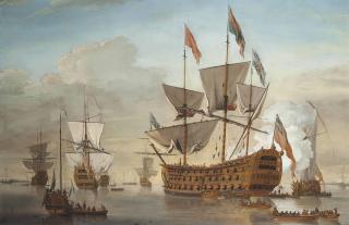 Samuel Scott - A large First Rate, thought to be the Royal William (formerly the Prince), lying at her anchorage, surrounded by other vessels and preparing to receive a distinguished - possibly Royal - visitor
