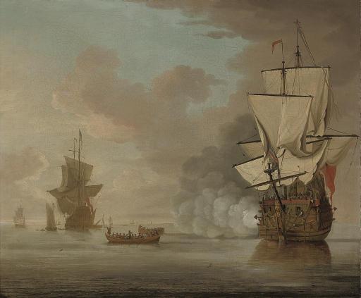 Samuel Scott - An English man-o\'war saluting the flagship as she gets underway from her anchorage