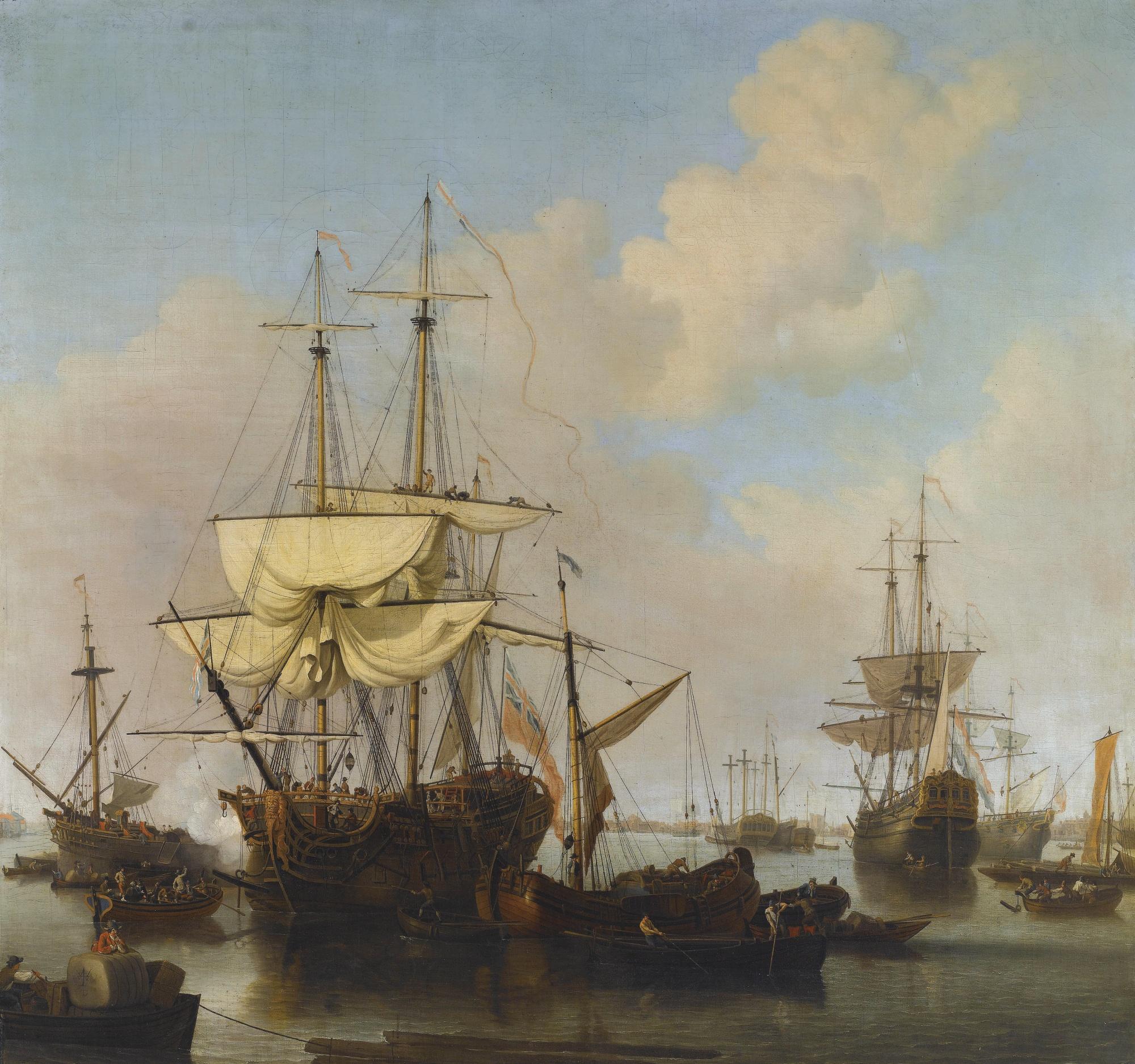 Samuel Scott - Shipping At Anchor In The Thames Estuary, Near Wapping