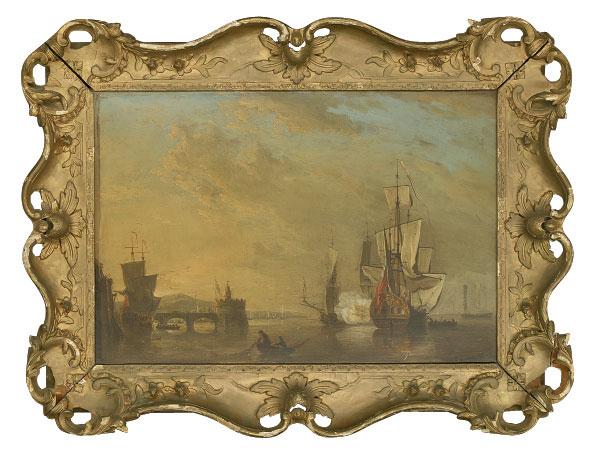 Samuel Scott - Stern quarter view of a Royal Yacht at anchor off a Mediterranean port, with her escort firing a salute beside her