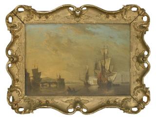 Samuel Scott - Stern quarter view of a Royal Yacht at anchor off a Mediterranean port, with her escort firing a salute beside her