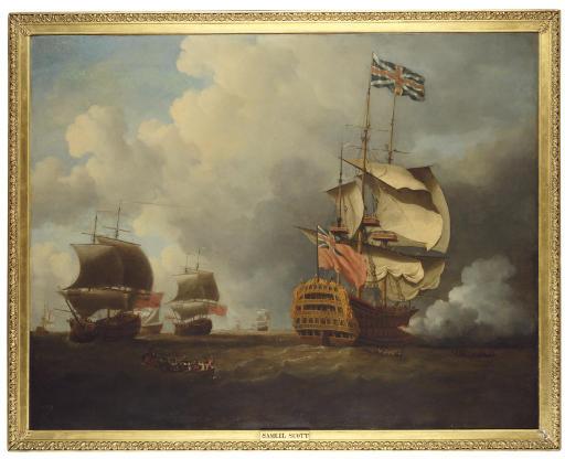 Samuel Scott - The Royal William (formerly the Prince) firing a salute as she shortens sail when arriving at the fleet anchorage